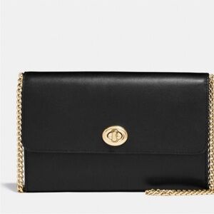 Coach Marlow Turnlock Black Leather Crossbody Bag with Gold Chain